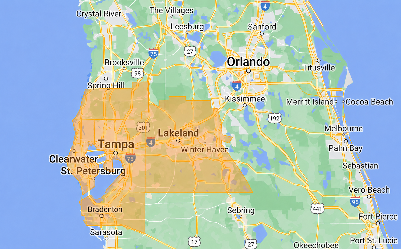 Sun Air Services coverage map across Hillsborough, Pasco, Pinellas, Polk, and Manatee counties in the Tampa Bay region